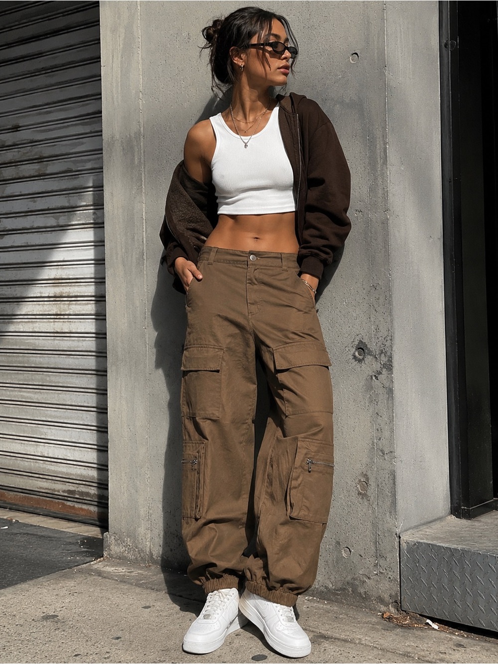 NWT Rachel Paige Relaxed Brown Cargo Track Pants with Utility Pockets